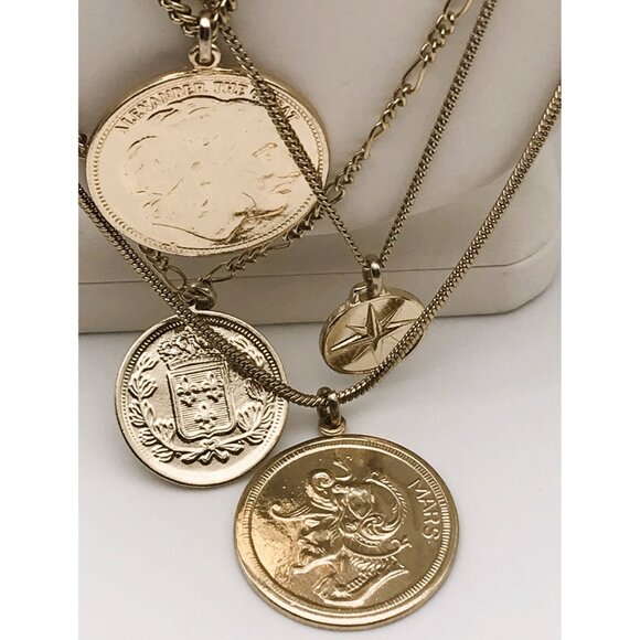 Roman Coin Layered Necklace NWOT Gold Tone Multi Strand Waterfall - Picture 4 of 7